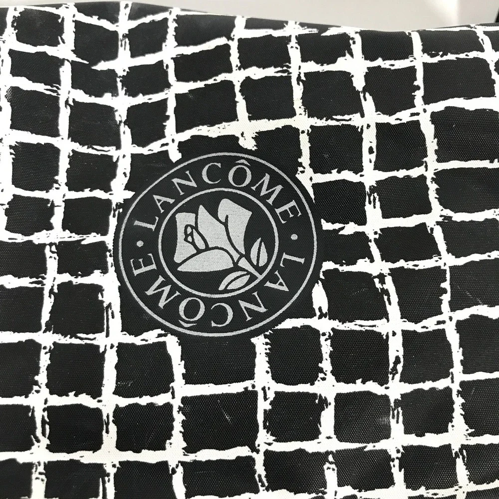 Lancome Paris Cosmetic Bag Set Black White Grid Logo Makeup Travel Pouches 2pc